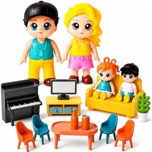 FUNERICA Dollhouse Family People Figures with Miniature Dollhouse Furniture and Accessories (Living & Dining Family Set)