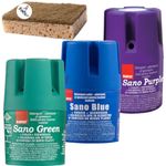 SANO Water Toilet Bowl Cleaner Long Lasting Air Freshener WC Tablet - Cleans, Perfumes, Hygienic, Leaves Water Sparkling Blue, Up to 900 Flushes - 3x150g Blue+Green+Purple + Cleaning Sponge