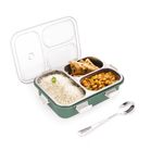 Attro Bento 3 Compartment Stainless Steel Lunch Box with Steel Spoon, Heating & Water Insulation Design for Office, School & Travelling, 750ml- Light Green