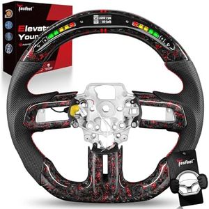 TESFEEL LED Forged Carbon Fiber Steering Wheel for Ford Mustang 2015-2017, Red Foil Flakes, D-Shape Flat Bottom, Nappa Leather with Red Stripe & Stitching, Fits for EcoBoost, V6, GT, GT350 & GT350R