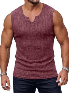 JEMLDL Men's Fashion Tank Tops Muscle Sleeveless Knit Ribbed V Neck Casual Shirts Stylish Party Gym Tee Wine Red L