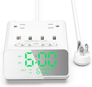 Kungfuking Electronic Alarm Clock with USB Power Strip, PD 20W Alarm Clock Charging Station with 4 USB Max 3.4A/Port and 2 Outlets, 1700J Surge Protection Desk Outlet for Travel, Home, Hotel