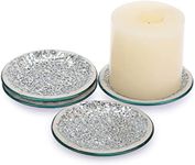 BSTKEY Set of 4 Mosaic Glass Candle Plates, 10cm/ 4 Round Candle Plate Holder, Decorative Pillar Candle Holder Tealight Candle Mat, Cup Plate Coasters (Silver)