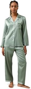 LilySilk Silk Pajamas for Women 100% Mulberry Silk 22 Momme Pajama Set Long Sleeve Button Down Sleepwear & Wide Trouser-Leg Pants XS, Avocado Green