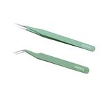 PagKis ESD Safe Anti-Static Tweezers (Green, Pack of 2, Straight & Curved Pointed)