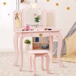 COSTWAY Kids Vanity Table and Chair, Girls Dressing Tables with Tri-Folding & Detachable Mirror and Drawer, Cute Make Up Pretend Dresser Desk Stool Set for Toddlers (Pink)