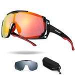 Odoland TR90 Polarized Cycling Sunglasses with Interchangeable Lenses, UV400 Sport Sunglasses with Magnetic Lenses for Driving Cycling Baseball Outdoor Sports for Men Women, Red