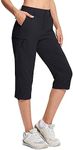 MAGCOMSEN Women's Black Capri Hiking Pants Cargo Lightweight Stretch Water Resistant Joggers with Pockets, L