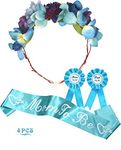 Baby Shower Decoration for Mom To Be and Dad To Be, Dark Blue Flowers style Tiara + Blue & White Sash + Blue & White "Dad to be" pin, Maternity Gift for Her and Him