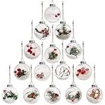 Christmas Baubles- Clear Vintage Pre-Filled Decorated Round Transparent Plastic Xmas Ball Ornaments for Holiday Decor, Wedding Party Decoration, Hanging Tree Ornaments with Jute Rope (15 pack)