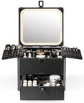 Qislee Makeup Box with Drawer and A Detachable Lighted Mirror, Waterproof Travel Train Case, Cosmetic Organizer and Makeup Suitcase with Adjustable Dividers, Magnetic LED Mirror