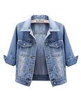 Unilexi Women's 3/4 Sleeve Colored Cropped Denim Jacket Light Wash Short Jean Jacket Trucker Coat, Light Blue, Large