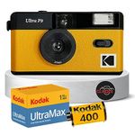 Reusable Film Camera Bundle includes a Yellow Kodak Ultra F9 Film Camera, Kodak Ultramax 35mm Film 36 Exposures and Clikoze Camera Film Photography Tips Card