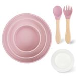 Mulaibdin 3 Pcs Toddler Plates, Silicone Baby Plate, Baby Bowls for Weaning, Kids Plates and Bowls Sets with Cutlery, Removable Suction Plate Baby, Baby Feeding Set, BPA-Free (Pink)