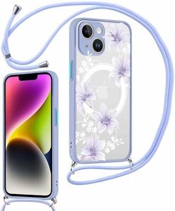 Kueqeay Magnétique Coque avec Cordon pour iPhone 13 6,1", Translucide Violet Mat Aesthetic Fleur Motif Étui avec MagSafe Sangle Collier Silicone Case PC Arrière Housse Antichoc Cover, 05