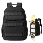 Skateboard Backpack, Large Skateboard Bag for Men and Women Laptop Bag with USB Port, for Skateboarding, College, Travel (Black)