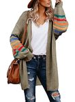 AlvaQ Women's Cardigans Long Sleeve Open Front Rainbow Striped Color Block Loose Casual Womens Oversized Cardigan Ladies Long Lightweight Knit Outwear Coat Jacket Sweaters Khaki 2XL UK 20 22