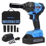 WISETOOL Cordless Impact Wrench,1/2 inch Electric Impact Wrench,Brushless Power Impact Wrench Set for Car Tires,Max Torque 260 ft-lbs,2.0A Li-ion Battery