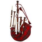 Scottish Bagpipe Rosewood Royal Stewart Tartan Natural Color with Silver Plain Mounts Free Tutor Book, Carrying Bag, Drone, Reeds