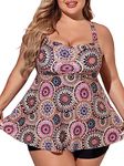 Summer Mae Women Plus Size Two Piece Tankini Swimsuits Flowy Swimdress Tummy Control Bathing Suits with Shorts, Brown Rotating Flower, 16 Plus