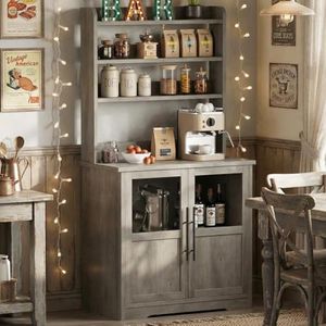 GarveeHome Bakers Rack with Power Outlet and 2 Glass Door, 63" Tall Farmhouse Wood Microwave Stand with Hutch & 3 Shelves, Coffee Bar Cabinet with Thick Counter, Sturdy Frame, for Kitchen, Rustic Gray