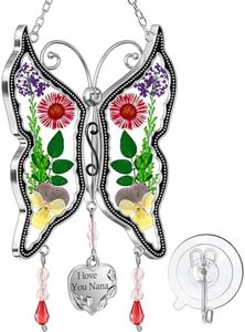 Ky&Bosam I Love You Nana Butterfly Suncatcher with Pressed Real Flower Wings Nana, Mother's Day Butterfly, Stain Glass Wind Chime Ornament, Charm with Metal Nana Heart Gifts for Nana Birthday
