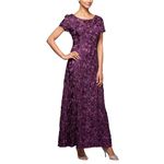 Alex Evenings Women's Petite Long a-Line Rosette Dress, Eggplant, 6P