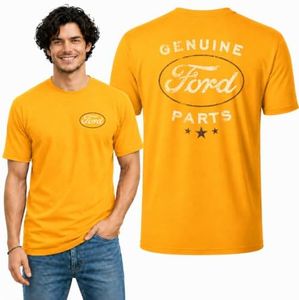 Wild Bobby Genuine Ford Parts Vintage Distressed Cars and Trucks Mens Graphic Tees Front and Back T Shirt Printed Graphic Tees for Men, Gold, 4X-Large