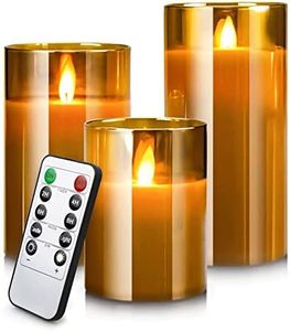 YMing LED Flameless Candles Battery Operated, Flickering Electric Candles with Timer & Remote Control Gold Glass Pillar Realistic Wick Flame Mode, Real Wax Moving Warm Light Candles 4" 5" 6" Set of 3