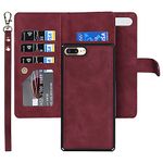 iCoverCase Compatible with iPhone 8 Plus/7 Plus Wallet Case with Card Holder and Wrist Strap, PU Leather Kickstand Card Slots Magnetic Shockproof [Detachable] Flip Cover Case 5.5 Inch (Claret)