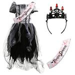 Girls Zombie Prom Queen Halloween Costume - XLarge - Fancy Dress Costume Grey & Black Prom Dress, Black Crown & Prom Queen Sash