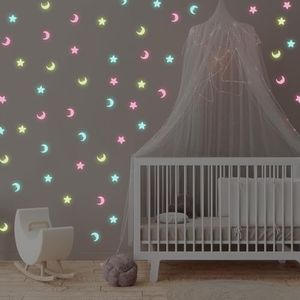 GeeRic 100Pcs Star Moon Wall Decals Home Decoration, Glowing Wall Decals Decor Stickers Glow in The Dark Star for DIY Kids Bedding Room Party Birthday Gift Bedroom Sticker Decor Walls DIY Decoration