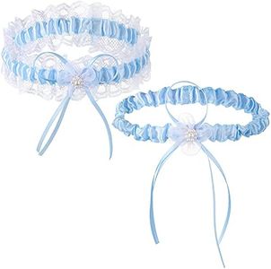2 Pieces Blue Lace Garter Belts Bridal Wedding Garter Stretch Lace Bridal Garter Bow Tie Leg Ring Cute Lace Leg Band Elastic Leg Ring with Flower Prom Dance Cosplay Party for Bridal Bridesmaid, Blue
