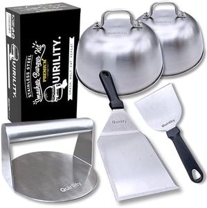 Quirility - Smash Burger Kit Professionnel Premium Plus (5 pièces). Acier INOX avec Certificat UE Contact Alimentaire - Presse Burger, Smasher Hamburger, Spatule Plancha, Cloche Plancha Burger