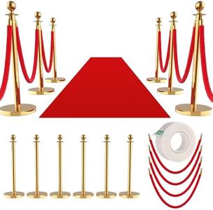Crowd Control Stanchions 12PCS with 10 Velvet Ropes & 26FT Red Carpet, Stainless Steel Post and Filled Base, Retractable Safety Barriers for Hotel, Wedding, Theater, Event