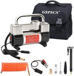 GSPSCN Silver Tyre Inflator Heavy Duty Double Cylinders with Portable Bag, Metal 12V Air Compressor Pump 150PSI with Adapter for Car, Truck, SUV Tyres, Dinghy, Air Bed etc