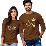 Bouncy Toonz Men Couple Regular Fit Tshirts For Bride And Groom-Customised Couple Regular Fit Tshirts For Pre Wedding Shoot- Couple Regular Fit Tshirts Combo (Cus-Couple-Kingqueen-Peanutbrown)