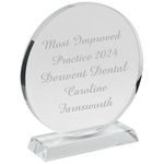 EIO Gifts Personalised Circular Glass Trophy for Kids and Adults - Ideal for Corporate Events, Award for Employees Achievement & Appreciation - Display for Shelves & Trophy Racks (Custom Text, 12cm)