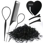 CZZXI 1000pcs Small Black Hair Rubber Bands 2pcs Topsy Turvy Hair Tool 1pcs Rat Tail Comb 1pcs Hair Tie Cutter 2pcs Duckbill Clips Hair Ponytail Accessorie for Toddlers, Girl, Women