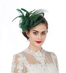 Women Elegant Fascinator Hat Bridal Feather Pillow Sinamay Hair Clip Accessories Cocktail Wedding Royal Ascot Party, M, A4-green Sinamay