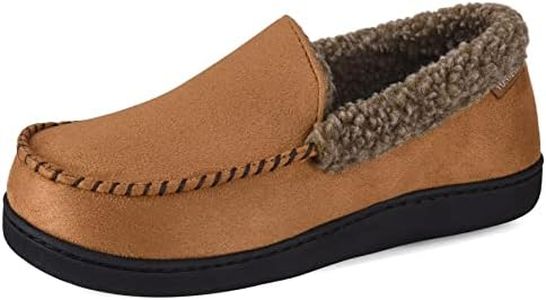 Men's Moccasin Slippers Fuzzy House Shoes Fleece Memory Foam Home Slipper Indoor Outdoor, Camel, Size 11