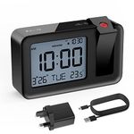 CHEREEKI Projection Alarm Clock, Digital Projector Clock Mains Powered Bedside with Big Digit Display, Indoor Temperature Display, Snooze, 4 Adjustable Brightness for Bedroom, Home(Black)