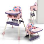 Baybee 3 in 1 Baby High Chair for Kids | Baby Chair for Feeding with 2 Height Adjustable & Foldable, Toddler Booster Seat with Food Tray & Belt | Kids High Chair for Baby 6 Months to 3 Years (Pink)