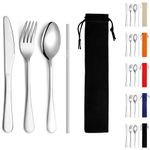 Kyraton Camping Cutlery Set 4 Pieces with Portable Base, Stainless Steel Flatware Camping Utensil Set for Outdoor Travel Picnic Office School Farm Work Lunch Box, Dishwasher Safe