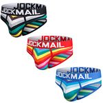 JOCKMAIL 3PCS/PACK Men Briefs Underwear Cotton Mens Rainbow Stripe Underwear Briefs Comfortable Underpants (Medium, Black+Red+Blue)