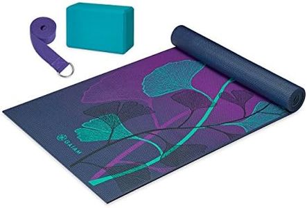 Gaiam Beginner's Yoga Starter Kit Set (Yoga Mat, Yoga Block, Yoga Strap) - Light 4mm Thick Printed Non-Slip Exercise Mat for Everyday Yoga - Includes 6ft Yoga Strap & Yoga Brick - Lily Shadows