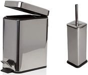 FINE STAR 5L Slim Pedal Bin Square Toilet Brush Holder Bathroom Set Rectangular Removable Bucket Trash Recycling Bin (Chrome 5 L Bin + Brush Holder)