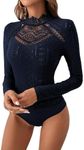 OYOANGLE Women's Elegant Lace Long Sleeve Mock Neck Embroidery Slim Fit Bodysuit Tee Tops Royal Blue Small