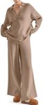 SUUKSESS Women 2 piece Fall outfits Long Sleeve Oversized Matching Lounge Set Waffle Knit Polo Sweater sets (Khaki,L)