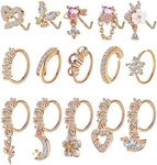 Vegolita 15PCS 20G 316L Stainless Steel Dangle Nose Rings Hoop for Women L Shape Nose Stud CZ Heart Flower Butterfly Nose Rings Piercing Jewelry R